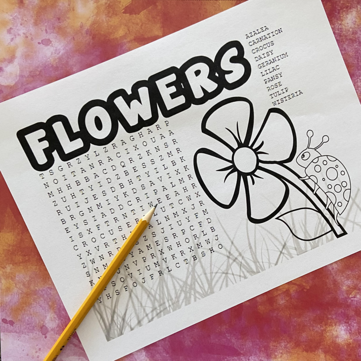 Printable Flower Word Search and Coloring Page