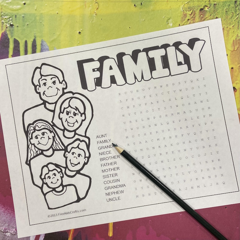 Family word Search Puzzle for quiet time fun.
