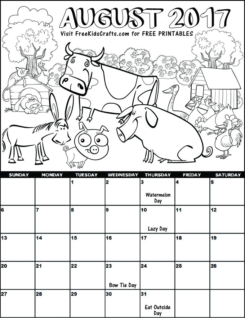 Printable 2017 August Coloring Calendar for Kids