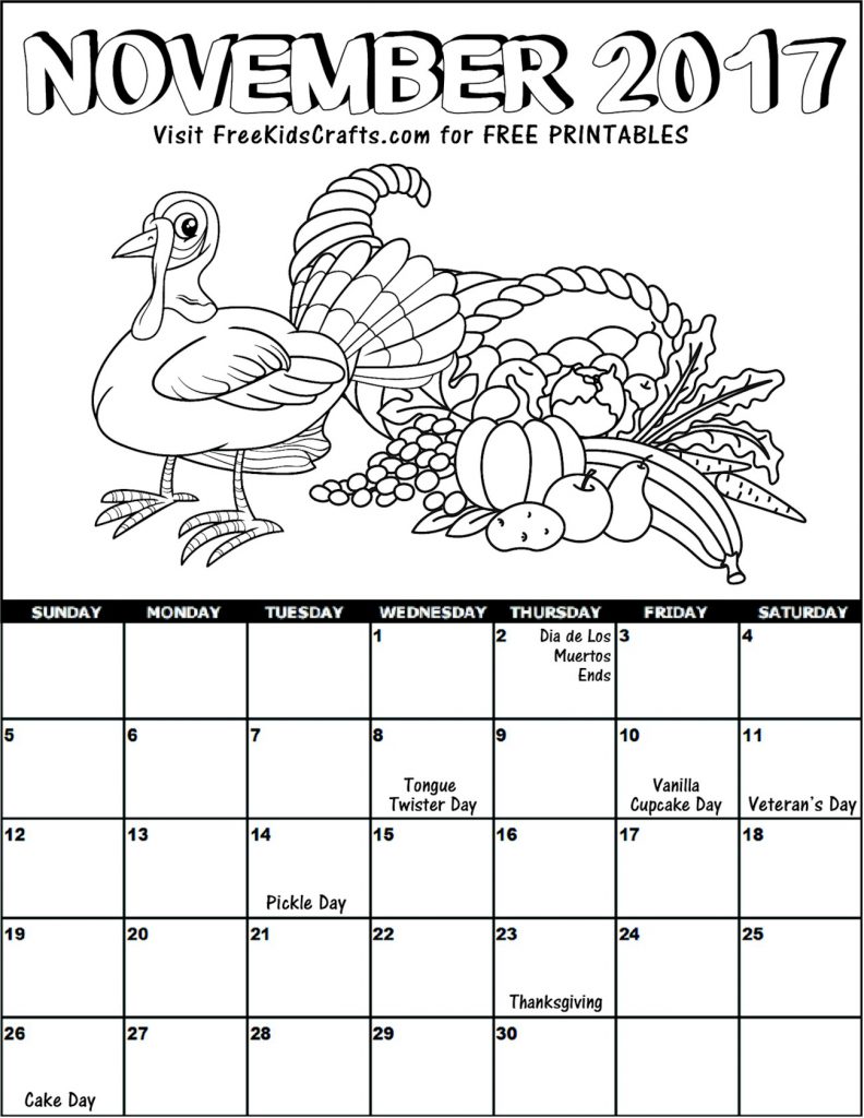 Printable November 2017 kids coloring calendar