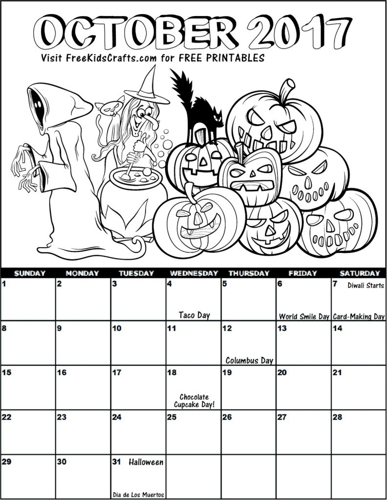 Printable 2017 October Coloring Calendar for Kids