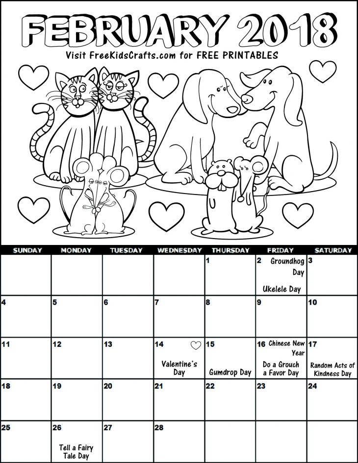 2018 Printable February Coloring Calendar For Kids