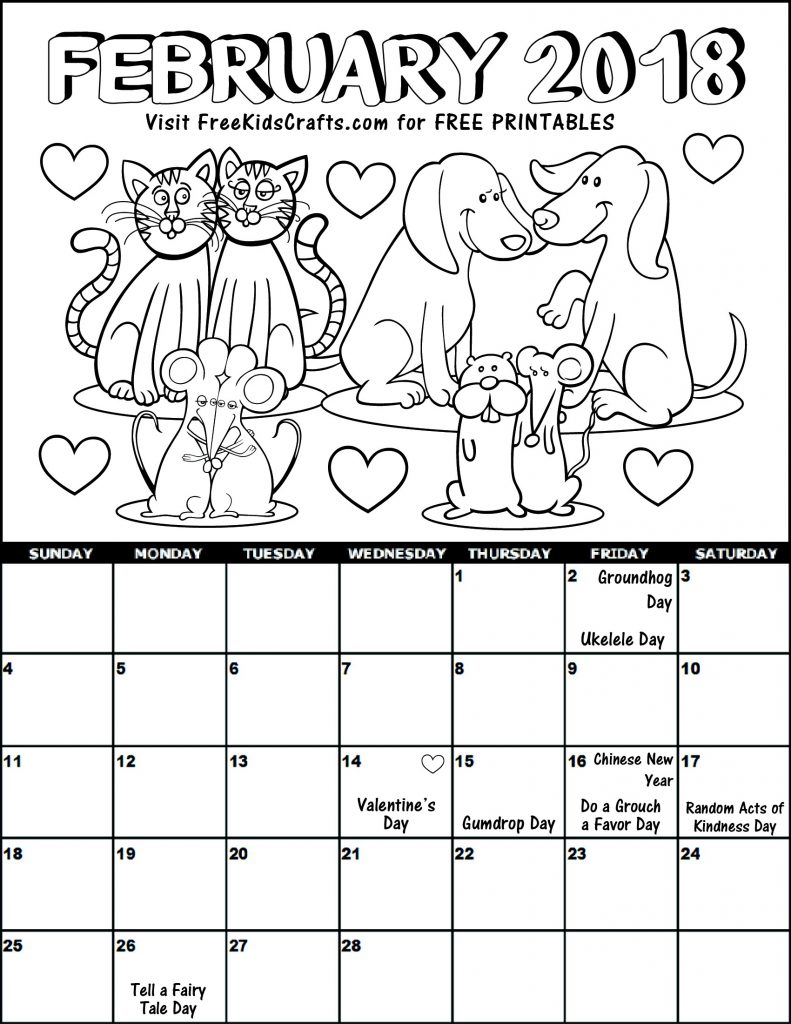 Printable 2018 February Coloring Calendar for kids