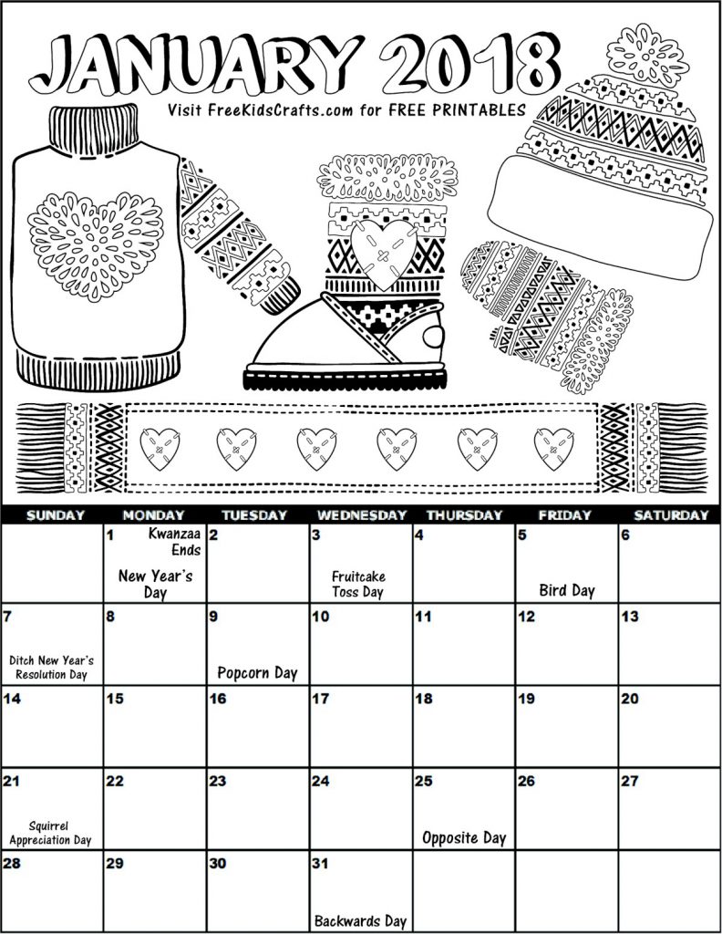 Free Printable 2018 January calendar for kids with picture to color.