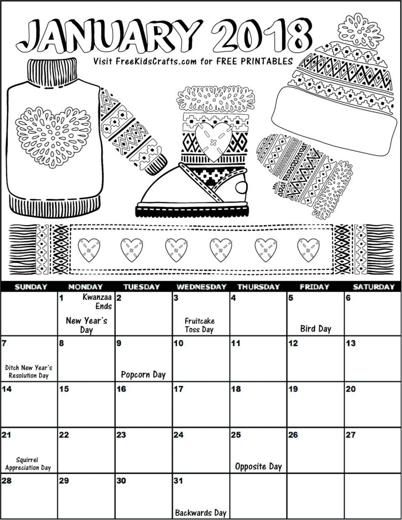 2018 january coloring calendar