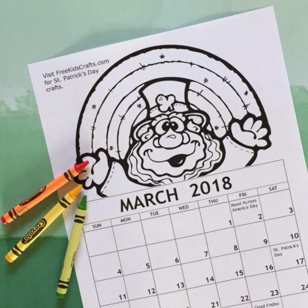 Printable 2018 March Coloring Calendar for kids.