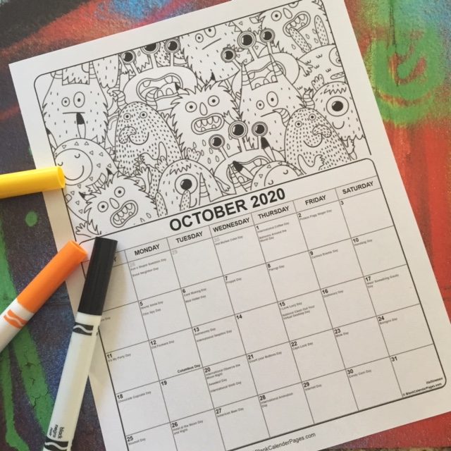 2020 Printable October Coloring Calendar for kids.