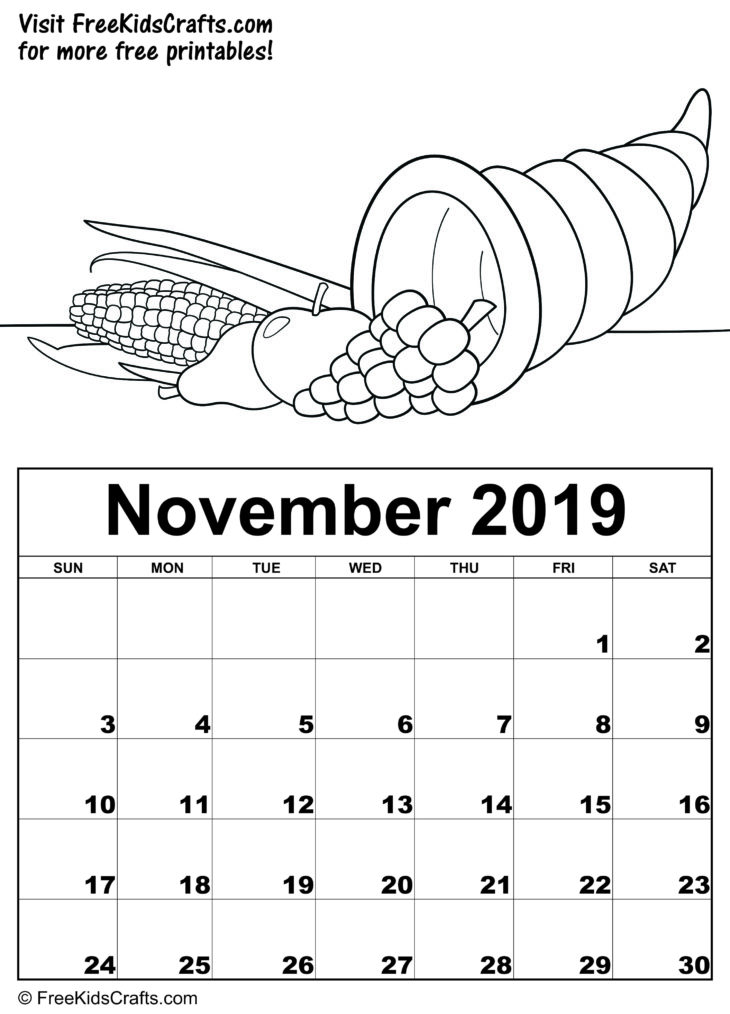 2019 Printable November Coloring Calendar