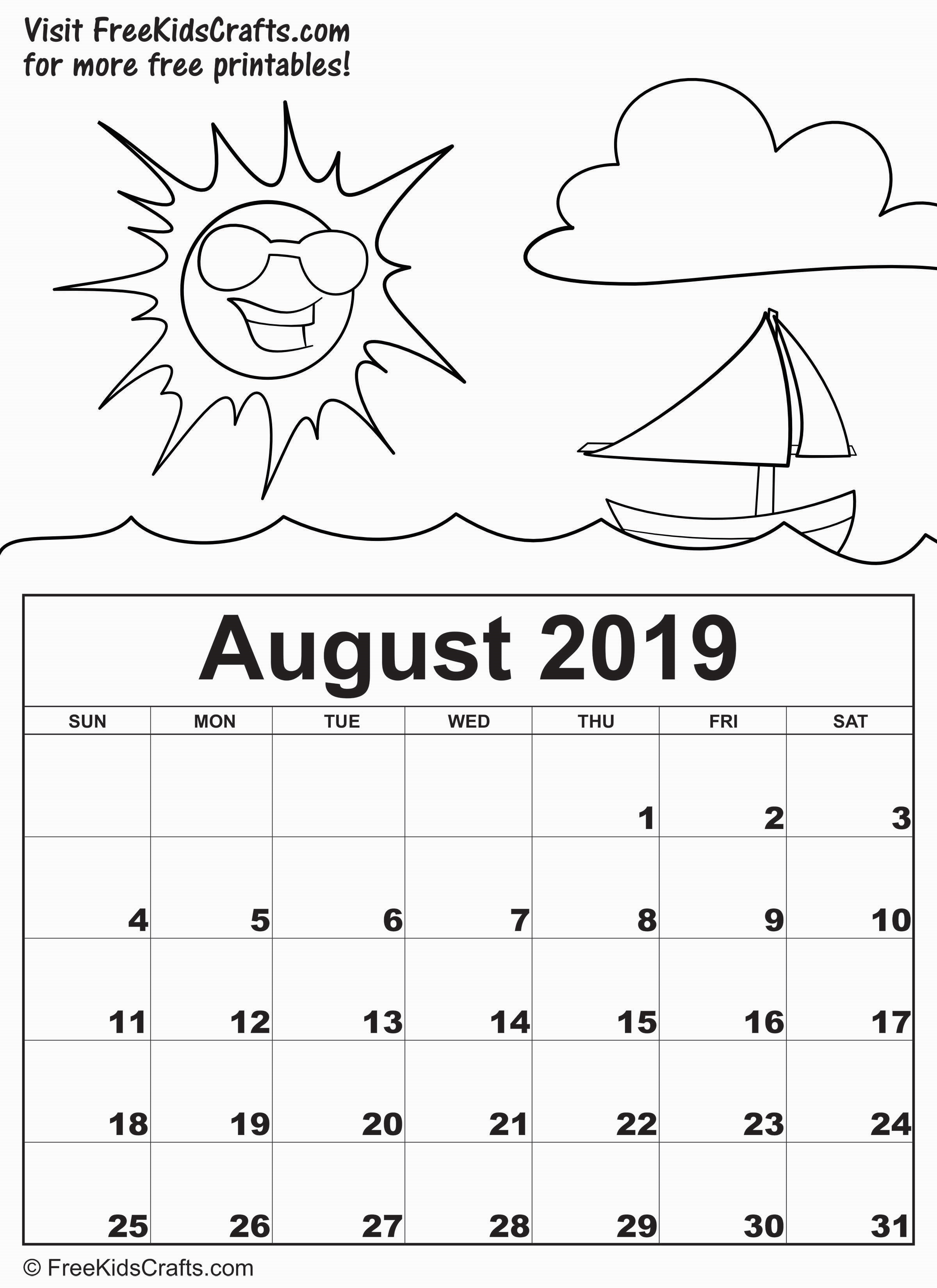 Printable 2019 August Calendar for young children