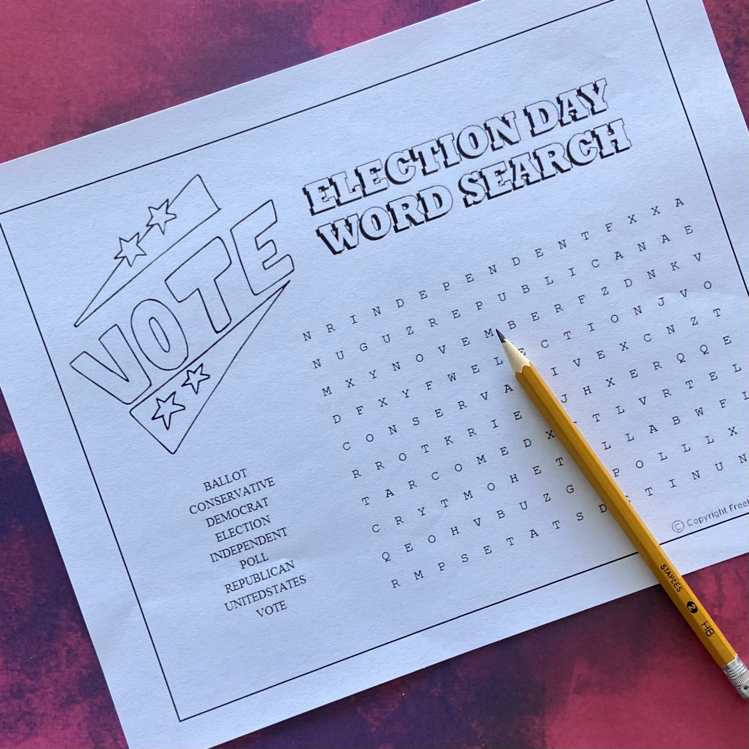 Election Day Word Search for kids