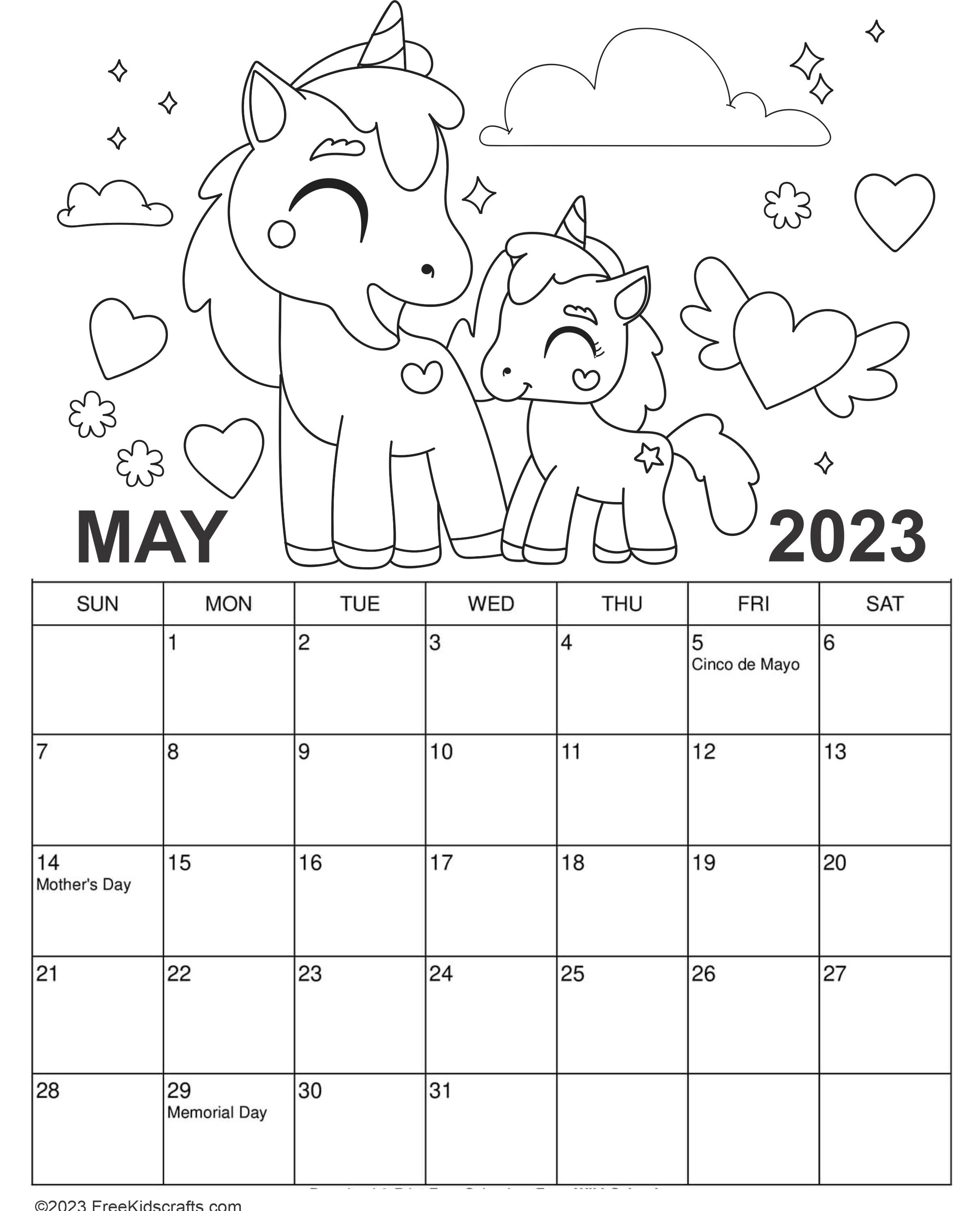Printable 2023 May Coloring Calendar for kids