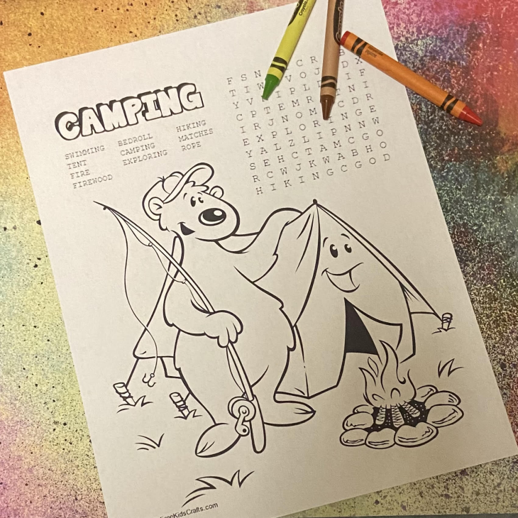 Printable Camping Word Search and Coloring Page
