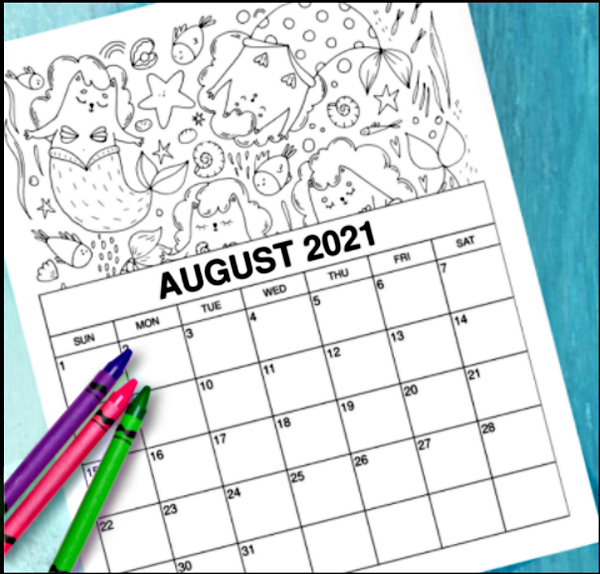 Free printable 2021 August coloring calendar for kids.