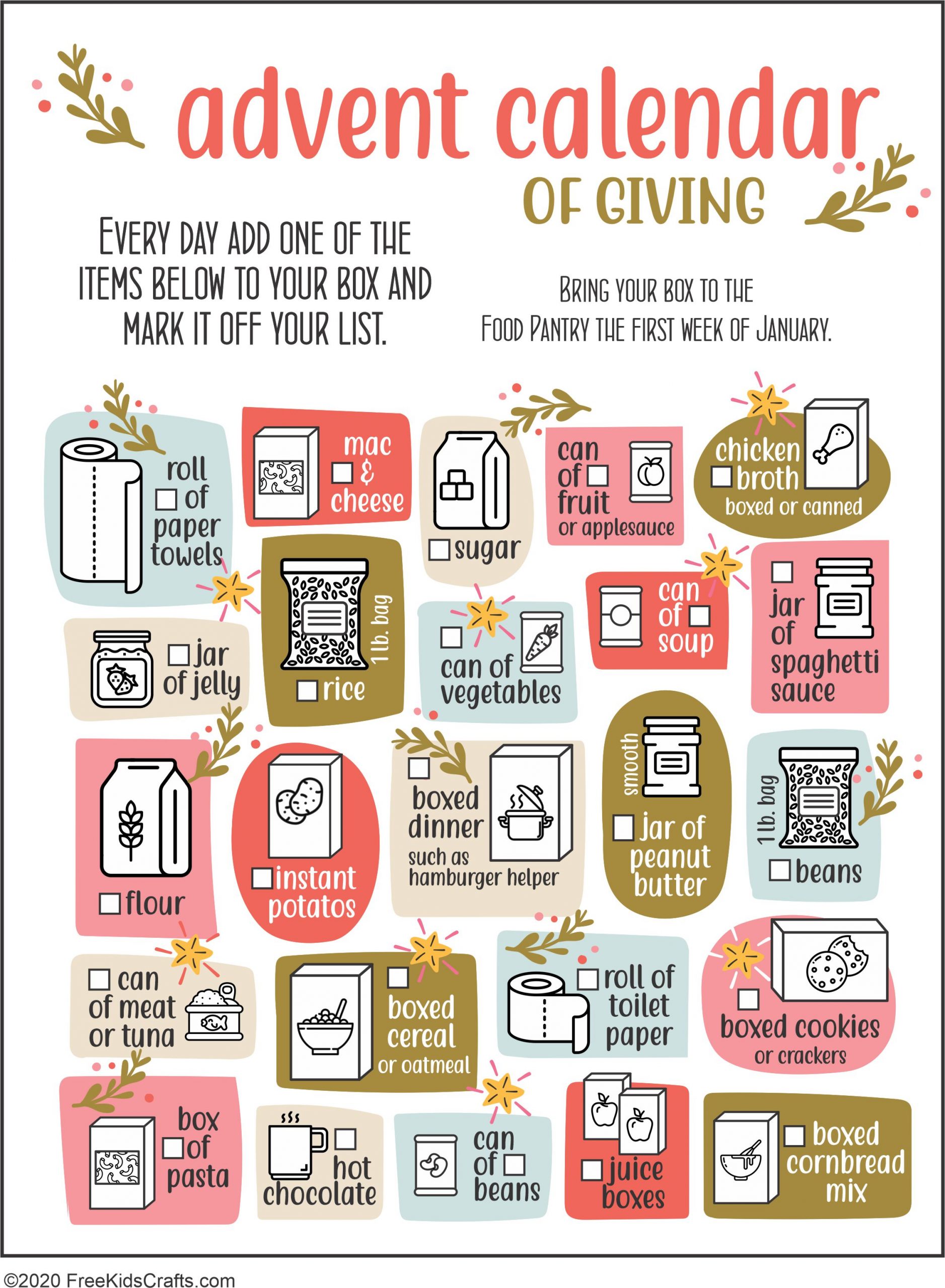 Printable Calendar suggesting items to donate to food pantry.