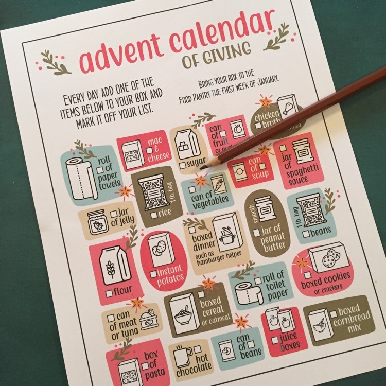 Printable Advent Calendar with 24 non perishable supplies for Food Pantries.