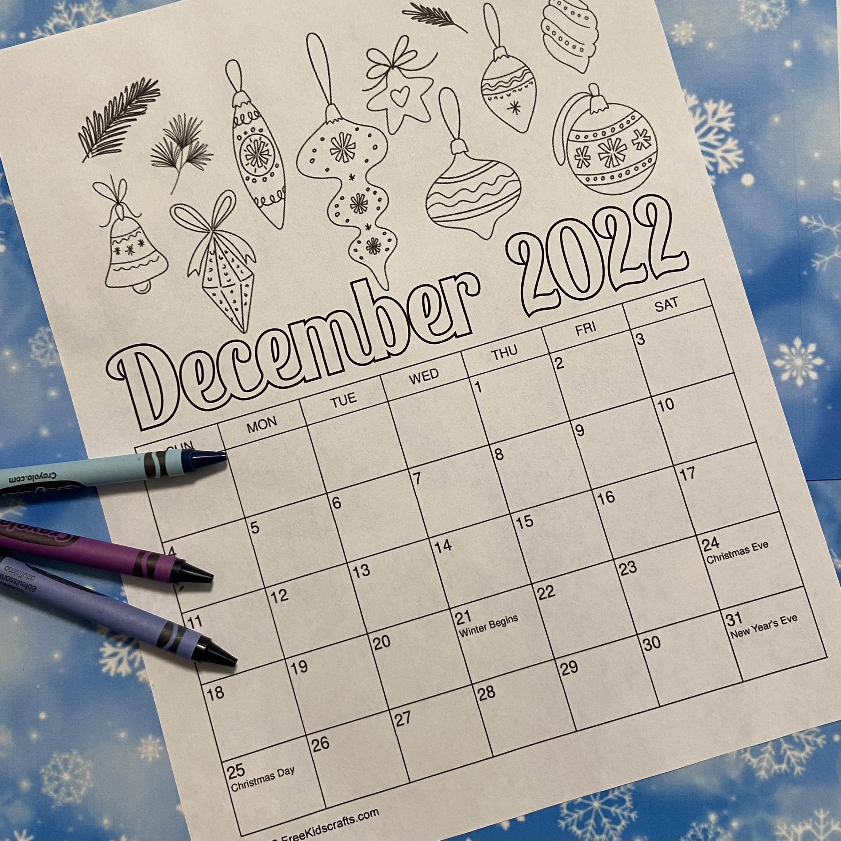 printable 2022 December coloring calendar for kids
