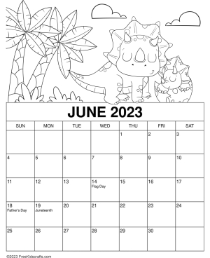 Printable 2023 June coloring calendar for kids.