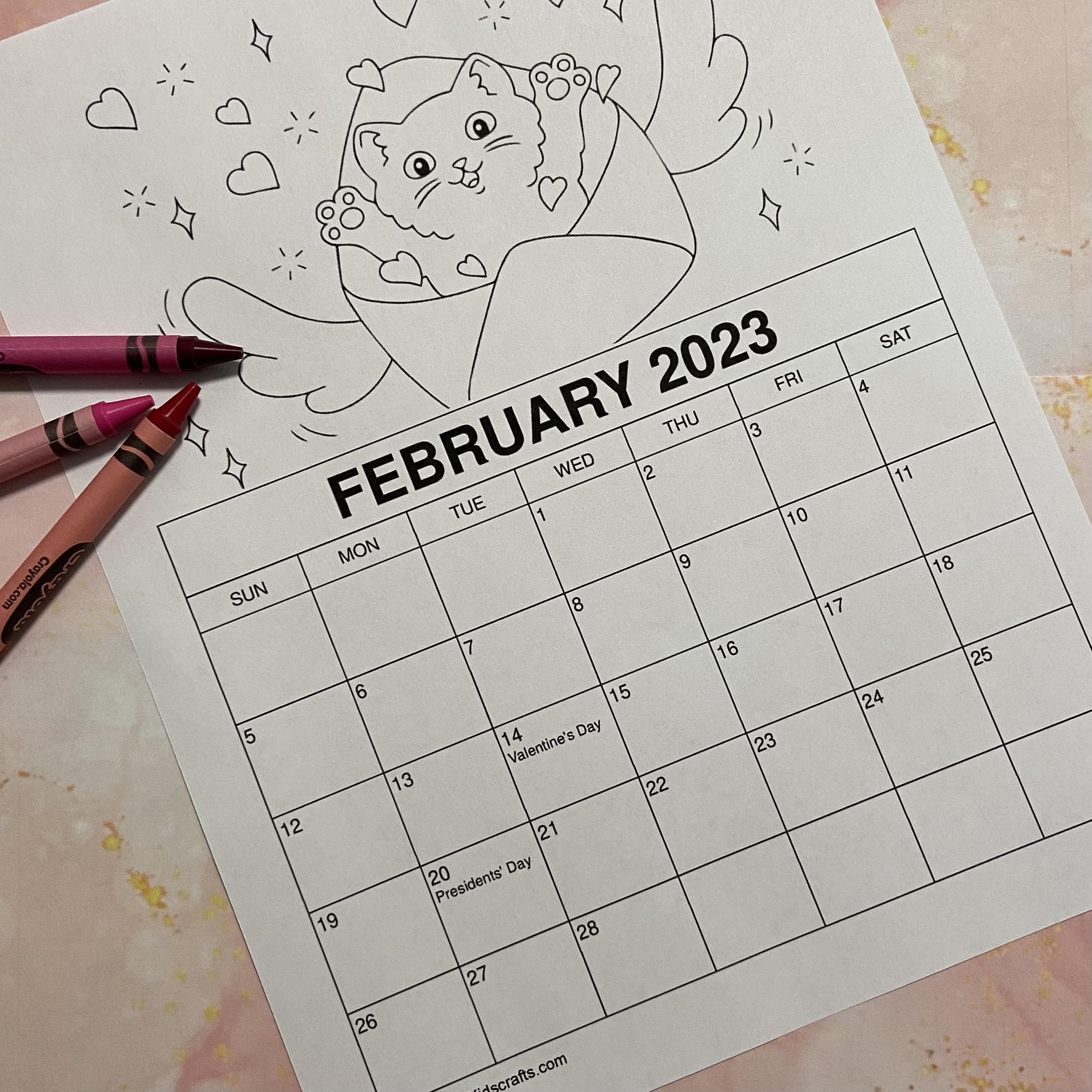 2023 February coloring calendar for kids