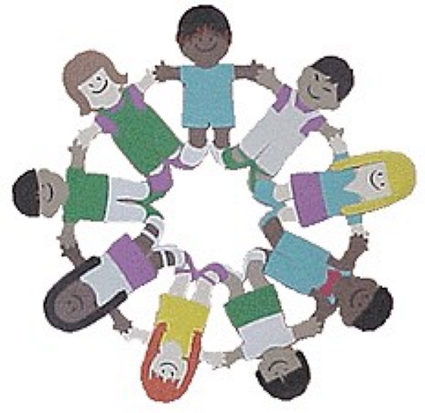Circle of paper dolls representing various ethnicities as friends.