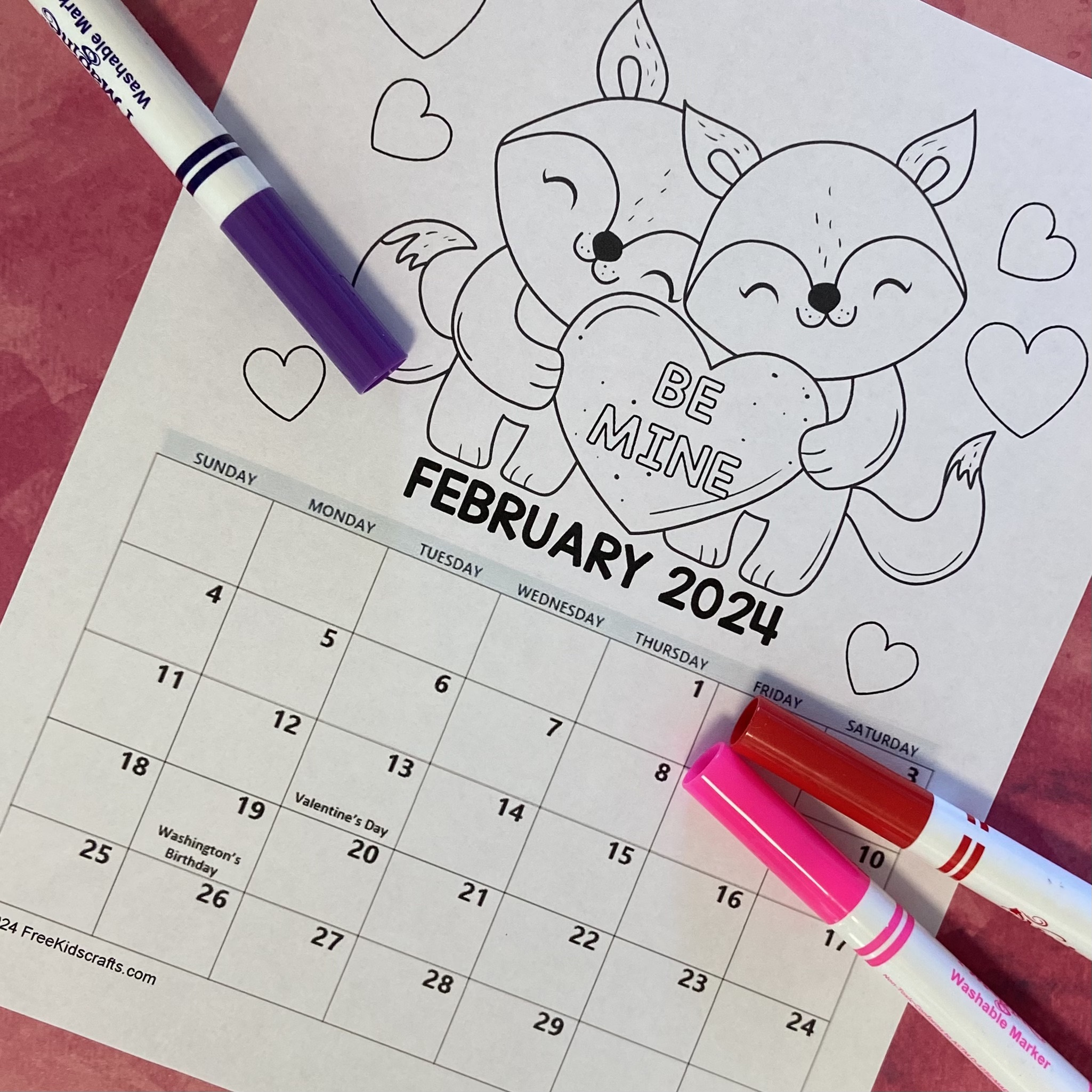 Printable February 2024 calendar for kids