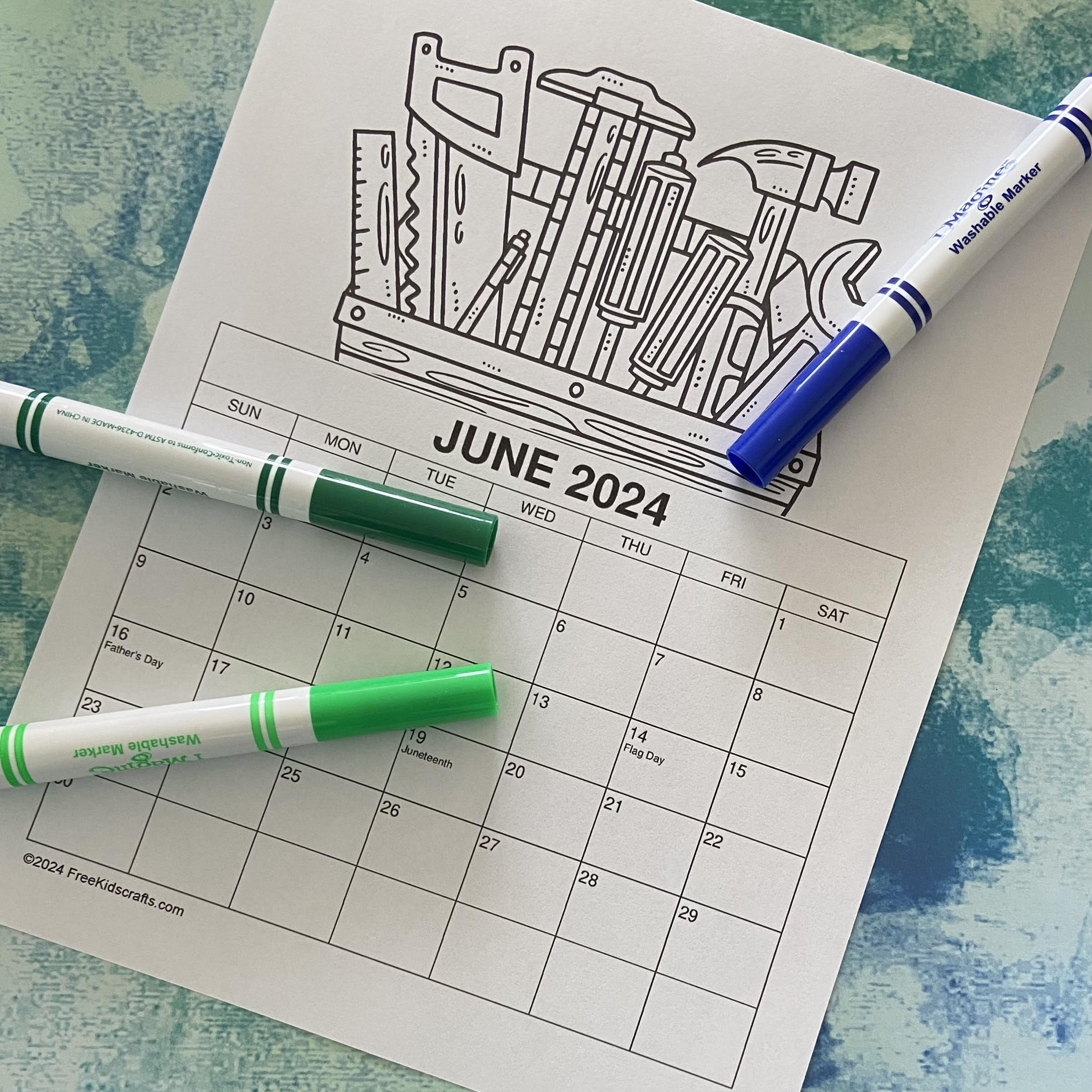 Printable 2024 June Coloring Calendar for young children