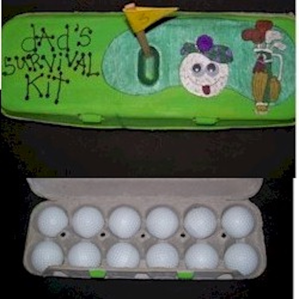 Recycled egg carton filled with golf balls for the golfer.