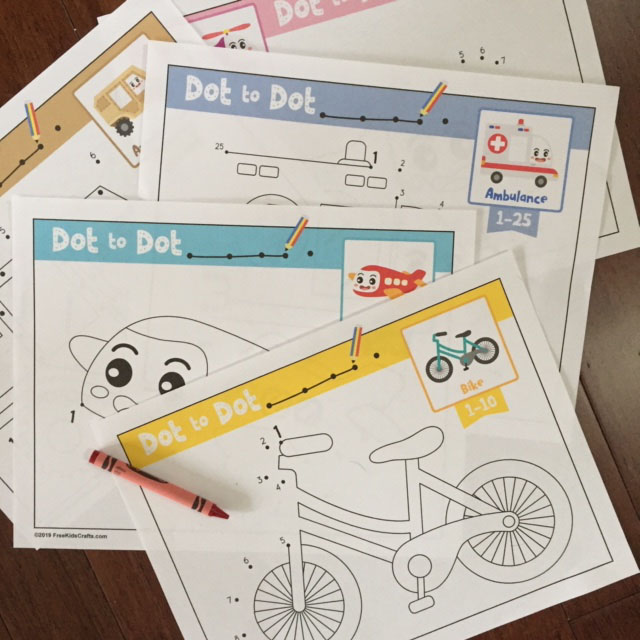 Preschool Dot to Dot Cards featuring different types of transportation