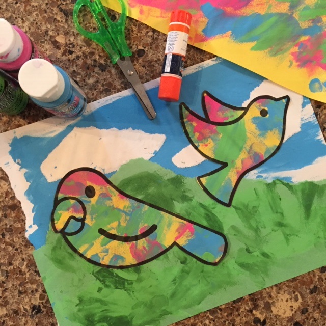 Colorful birds made from recycled finger paint project