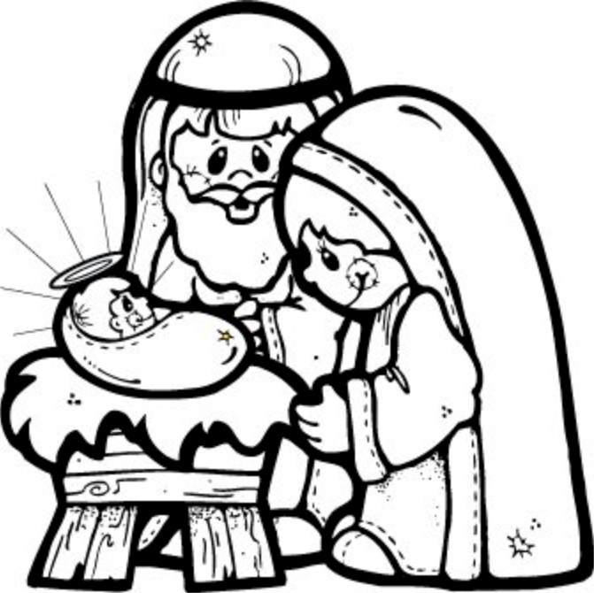 Coloring page with Mary, Joseph and Jesus