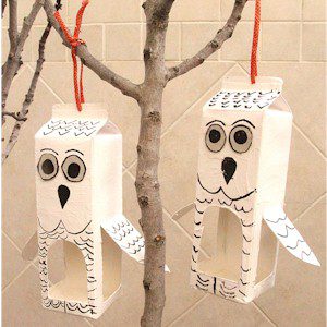 Recycled milk cartons turned into Owl Bird Feeders