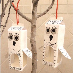 Recycled milk cartons turned into Owl Bird Feeders