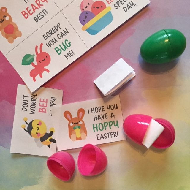 Plastic eggs filled with messages for kids to deliver to their friends and neighbors
