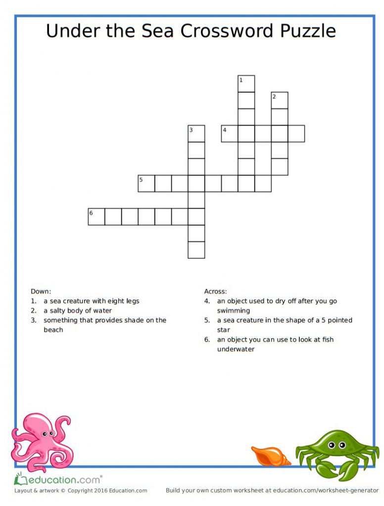 Printable Under The Sea Crossword Puzzle for Kids